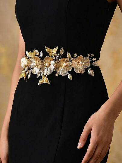 1pc Luxury Alloy Floral Waist Belt, Fashion Waist Accessory Suitable For Wedding Dress, Bridal Gown