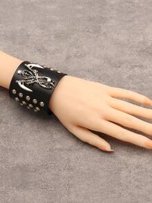 1件男女通用朋克摇滚皮革手链，个性化双刀帽骷髅铆钉合金手链，音乐节摇滚派对礼物 - 鉚釘 - 查看 8