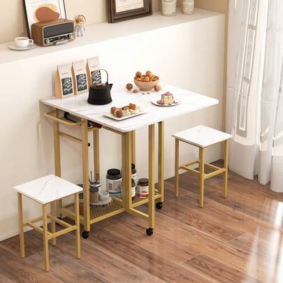  COSTWAY 3 Piece Dining Table Set, Extendable Kitchen Table With 2 Stools, Rolling Dining Room Table Set With 6-Bottle Wine Rack, Shelves & Side Pushing Handle, Folding Breakfast Table Set For Small Space, White