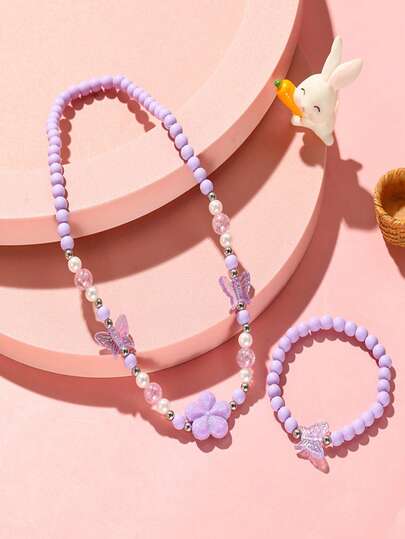 2pcs/Set Girls' Sweet Floral & Butterfly Beaded Necklace And Bracelet Set, Suitable For Parties, Can Be Children's Birthday Gift And Daily Decoration