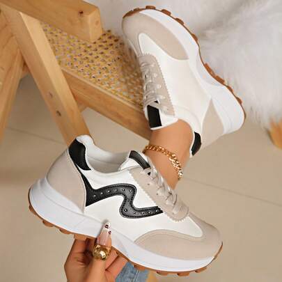Women's Outdoor Casual Lace-Up Sneakers, Korean Style Round Toe Color Block Fashion Leisure Shoes, Autumn