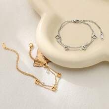 1件装时尚镂空多吊坠季节性配饰女士个性化手链，时尚幸运四叶草不锈钢CZ花朵链条饰品女士手链 - 四葉草 - 查看 10