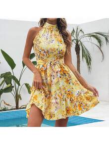 Women's Dress 2026 Spring Summer, New Collection, Elegant, Adjustable Strap, Ruffles, Wide Skirt, Floral Print, - Yellow - View 5
