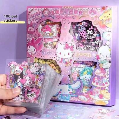 100pcs/Box Cute Cartoon Kuromi, Cinnamoroll, KT Cat, My Melody Stickers, Cartoon Luggage Stickers, Laptop Stickers, Car Stickers, Phone Case Stickers, Waterproof Stickers, DIY Stickers, Decorative Stickers, Cartoon Stickers, Travel Suitcase Stickers, Notebook, Water Bottle, Guitar Stickers