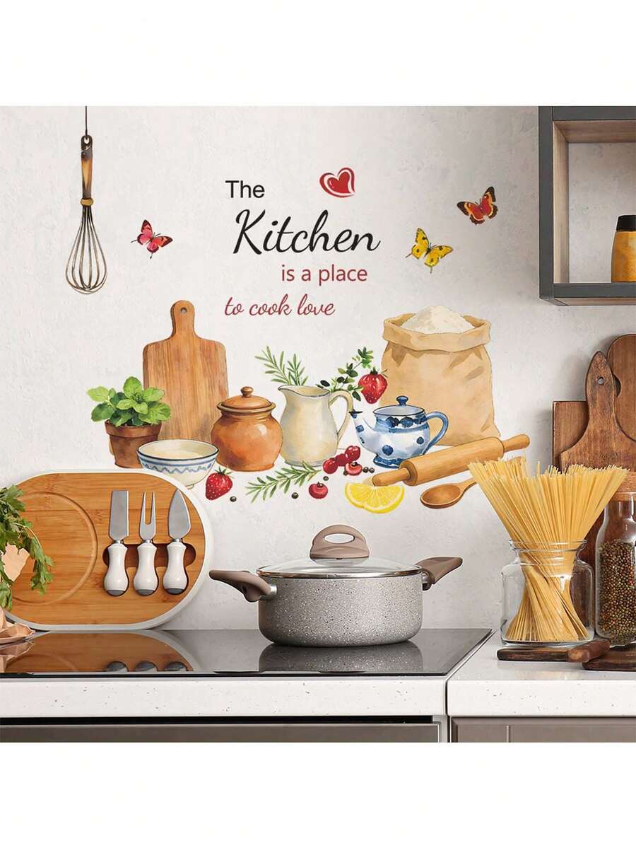 1 pieza Adhesivo de pared con eslogan en inglés y utensilios de cocina de dibujos animados, material de PVC autoadhesivo y removible, agrega acentos divertidos a la cocina o el comedor, herramientas de cocina lindas con proverbios en inglés, pelable y removible, adecuado para puertas de gabinete, salpicadero o despensa, decoración del hogar divertida para amantes de la comida, transforma instantáneamente las paredes de la cocina ordinaria en un punto focal encantador - Lemas en inglés para utensilios de cocina - Ver 1