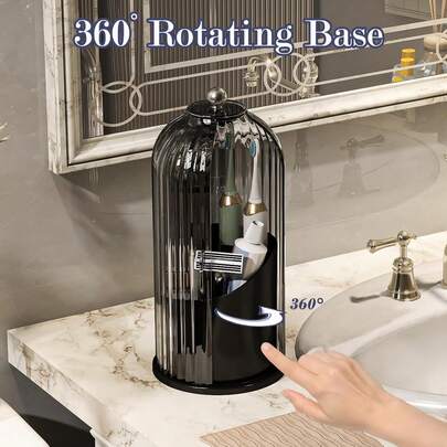 Dustproof Toothbrush Holders With Cover, Rotating Electric Toothbrush And Toothpaste Holder For Bathroom Countertop, 3 Slots Makeup Brushes Organizer, Grey White