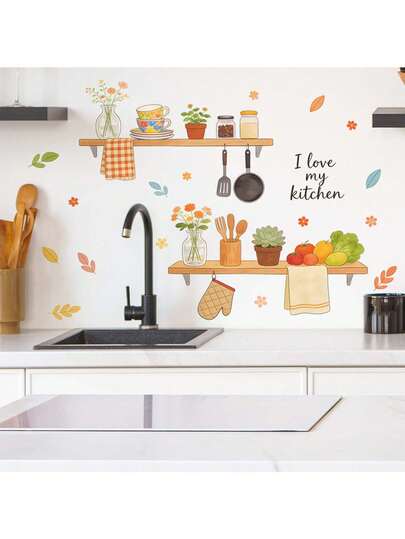 1pc Cartoon Floral Kitchen Utensil Wall Sticker, Cute Flower Decor With Cooking Tools And Tableware, Warm Home Decoration, Self-Adhesive Removable PVC Material, Create Cozy Kitchen Or Dining Corner, Funny Food Wall Decor, Peelable, Suitable For Cabinet Doors, Backsplash Or Pantry, Instantly Transform Ordinary Kitchen Walls Into A Warm Visual Focal Point