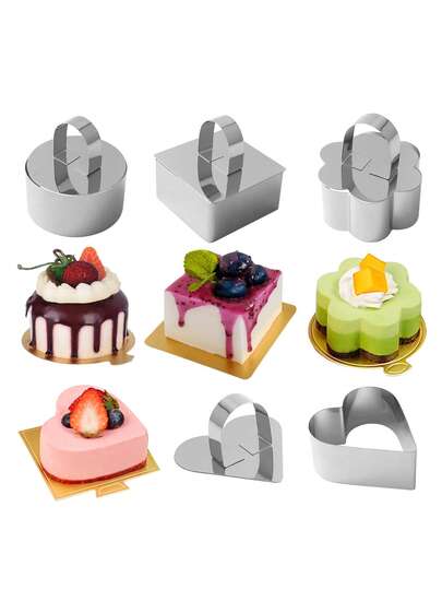 1 Set Of 4 Stainless Steel Mousse Rings, With Pusher Design, Round/Square/Heart/Flower Shapes, Adjustable Height, Cheesecake Mold, Tiramisu Maker, Non-Stick Easy Cleaning, Baking Essential For Beginners, Easy Demold, Kitchen Baking Accessories, Birthday DIY, Suitable For Self-Use And Gifts, Eid Al-Fitr Gift