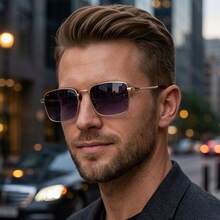 1副金色方形渐变眼镜，螺纹金属镜腿，奢华时尚复古港式风格，适合日常佩戴、商务出行、通勤、摄影等各种场合，四季皆宜，男士时尚眼镜 - 彩色 - 查看 2