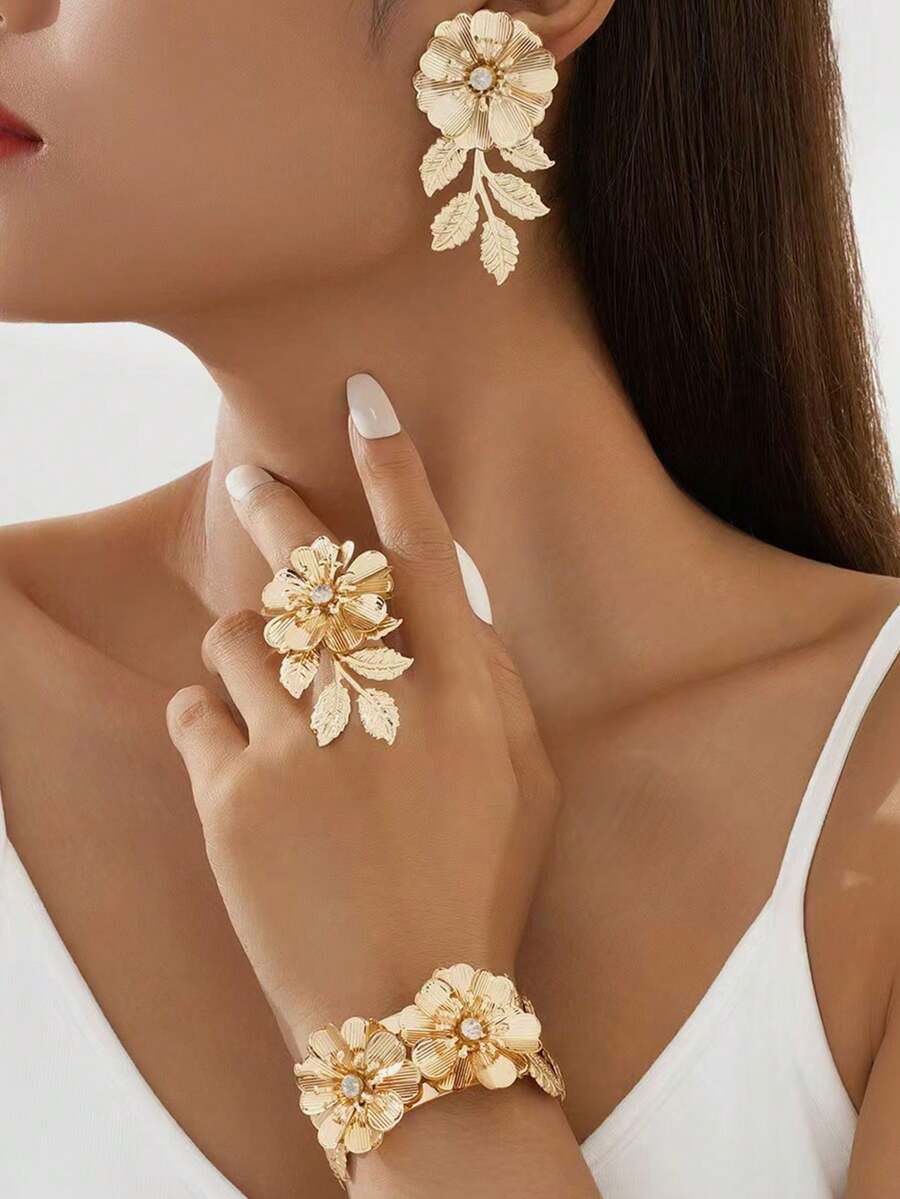 1pc Elegant Floral Design Faux Pearl Inlaid Vintage Adjustable Ring, Suitable For Women's Party/Wedding Wear - Flower Ring - View 1