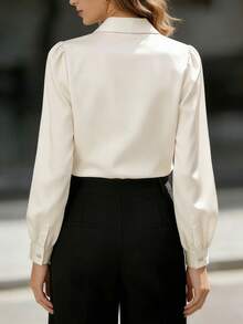 女士休闲轻薄通勤雪纺纯色V领前开襟纽扣宽松长袖衬衫 - 杏色 - 查看 2