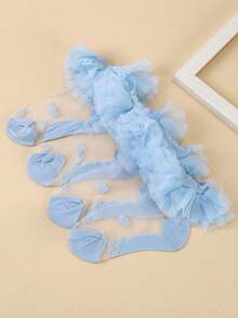 2pairs/Set Spring/Summer New Blue Thin Girls' Lace Socks With Solid Color And Breathable Lace Bottom, Fashionable - Blue - View 5