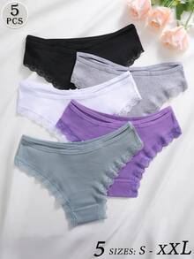 5件套女士蕾丝拼接舒适透气蝴蝶结装饰内裤套装，柔软弹力休闲内衣 - 彩色 - 查看 2