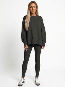 Women's 2 Piece Loungewear Set - Soft Ribbed Oversized Sweatshirt & High Waist Leggings-Ultra Soft Pajama Set For Women  - Casual Tracksuit For Airport Outfit & Lounging-Cozy Matching Outfit For Travel Yoga Home - 黑色 - 查看 10