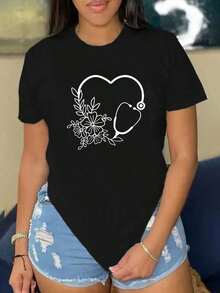 Camiseta de mujer con diseño minimalista de estetoscopio y flores, estilo versátil y tierno - Negro - Ver 1