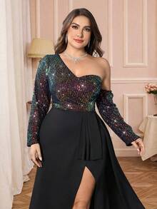 Plus Size Women's One-Shoulder Sequin Embellished Heavy Beaded Embroidery Patchwork Solid Color Slit Hem Pleated Elegant Formal Evening Gown Long Sleeve Soft Comfortable For Evening Party, Banquet, Important Occasions - Black - View 6