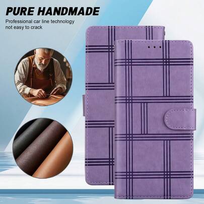 GLANDOTU غطاء هاتف محفظة من جلد PU الفاخر بنمط مربعات بنفسجي مستوحى من الطراز القديم، مزود بحامل للهاتف وغطاء قابل للطي وفتحات لبطاقات وإغلاق مغناطيسي، مناسب لعلامات تجارية وطرازات هواتف محمولة متنوعة.