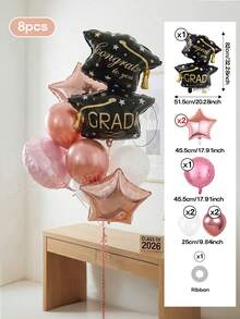 Bộ 8 quả bóng trang trí tiệc tốt nghiệp (4 kiểu) - Bóng bay hình mũ tốt nghiệp hai lớp cỡ lớn, bóng bay hình ngôi sao màu vàng/xanh dương/đỏ/vàng hồng 18 inch, bóng bay tròn màu xanh dương/đen/hồng nhạt 18 inch, phù hợp trang trí lễ tốt nghiệp năm 2026, bóng bay cao su màu xanh dương/trắng/đỏ/vàng/vàng hồng 10 inch. - Xem 11