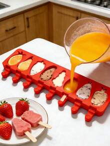 1pc 8-Cavity Fruit & Animal Shaped Ice Cream Mold, DIY Ice Cream Mold, Comes With Lid And 50pcs Wooden Sticks - Multicolor - View 5