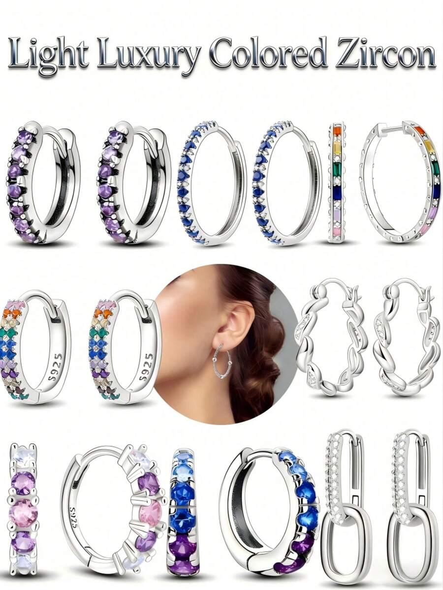 925 Sterling Silver Hoops Earrings Hypoallergenic Hoops Earrings With Zirconia Fashion High Quality Jewelry For Women Girls - Multicolor - View 1