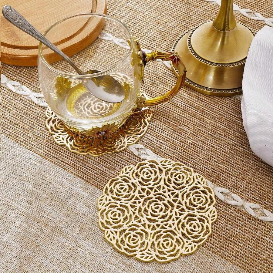 6pcs Gold Rose Cocktail Coasters, Made Of PVC Material, 3.94inch Round Rose Hollow Coasters, Washable, Easy To Clean, Wipe-Able, Non-Slip, Heat-Resistant, Suitable For Room Decor, Dining Table Decor, Home Decor, Ideal For Holidays, Parties, Birthdays, Weddings And Dinners - Nhiều màu - Xem 1