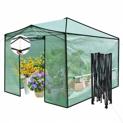  COSTWAY 9 X 12 Folding Pop-Up Greenhouse, Walk-In Gardening Greenhouse, Outdoor Protective Shelter W/ 6 Side Windows & Double Zippered Roll-Up Doors, Portable Plants Growing Tent For Lawn, Backyard, Green