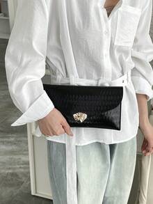 2026 New Glossy Envelope Clutch Bag, High-End Elegant Evening Bag, Versatile Korean Style Minimalist Large Capacity Flap Lock Shoulder Envelope Bag - Black - View 11