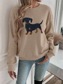 女士休闲保暖仿羊毛衫，小狗印花，适合圣诞节、中国新年、情人节、返校季穿着，是校园穿搭、返校必备单品、开学第一天穿搭以及2026年春季返校季的理想之选。 - 駝色 - 查看 5