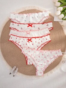5条装 女士印花蝴蝶结荷叶边舒适比基尼内裤 - 白色 - 查看 3