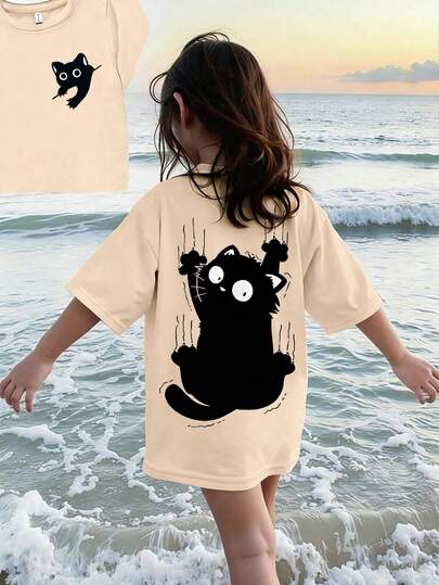 This Casual Apricot Round Neck T-Shirt Is Designed For Slightly Larger Children, Featuring A Creative Cat Print, Very Suitable For Girls And Slightly Older Teenagers. Suitable For School, Shopping, Street Style And Vacation Wear. Not Only Suitable For Daily Wear, But Also An Excellent Gift For Friends And Family.