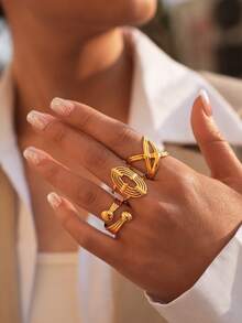 Frminee 3 st/1 st grova guldfärgade ringar i rostfritt stål för kvinnor, Statement-ring, Vattentät, Lyxig för vardagsbruk, Högtidsgåva - Guld - Visa 4