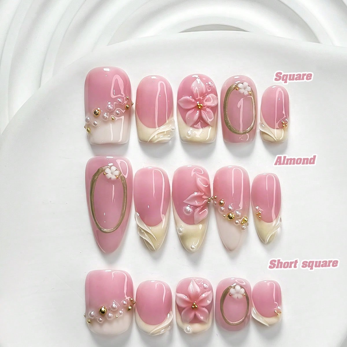 10pcs Early Spring Polish Gel Nail Art Set, Acrylic Pressed Nail Stickers, White 5-Petal Flowers, Gold & White Rhinestones, Gold Glitter Halo Design, Solid Color Water Wave Nail Decor, Pink 5-Petal Flowers, Cream Yellow Nail Polish, Sweet French Style, Includes Nail Tools (1 Jelly Sticker + 1 Nail File), 3 Sizes Available: Square, Short Square, Almond Handmade Press On Nails