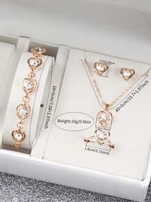 6件套女士礼品套装：方形罗马数字表盘石英表+心形水钻首饰套装（套装不含手表） - 金色 - 查看 5