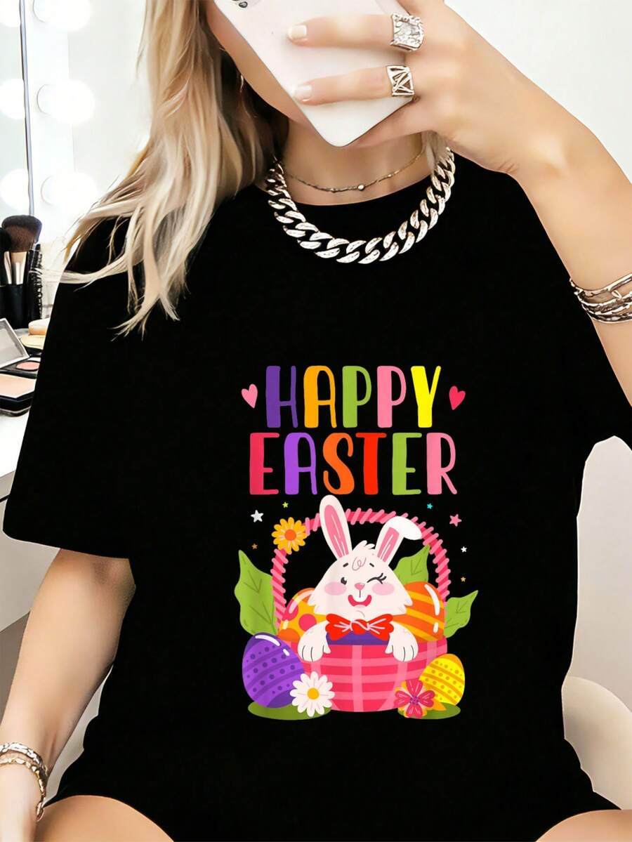 Feliz Pascua para Mujeres y Niños - Camiseta de Conejo de Pascua 2026 - Camisetas Gráficas Casuales de Moda para Mujer - Camisetas para Uso Diario - Negro - Ver 1