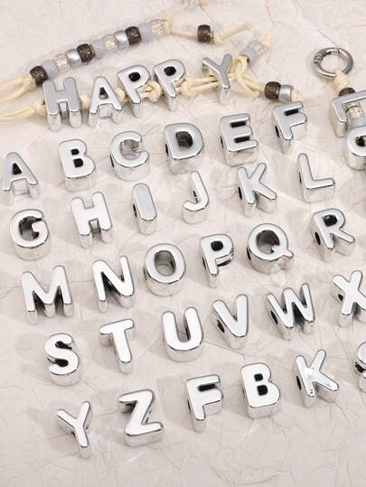 10 hạt chữ cái acrylic lỗ lớn màu bạc, phụ kiện trang sức tự làm cho vòng cổ, dây đeo điện thoại, đồ thủ công.