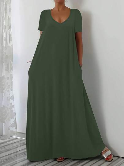 Plus Size European And American Style Summer New Casual Loose Daily Short Sleeve Solid V-Neck Fitted Dress