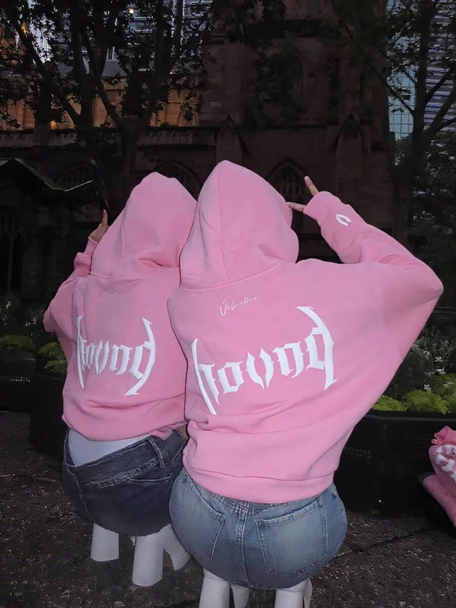 Y2K American High Street Streetwear Brand Gothic Hip-Hop Style Pullover Sweatshirt, Letter Print Men's And Women's Hoodie - 粉色 - 查看 1