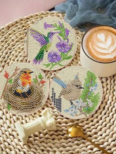 8pcs Bird DIY Diamond Painting Coaster Set, Round Bright Diamond Surface, Sturdy Adhesive With Full Tools, Easy For Beginners Stress Relief Handcraft, New Year, Valentine's Day, Christmas, Teacher's Day Gift, Home Decor Tabletop Drink Coasters For Family, Friends, Girlfriend, Teacher