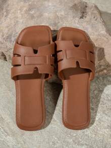Women's Fashion Slippers, Flat Versatile Minimalist Lightweight Outdoor Comfortable Soft Strap Slides Sandals - Brown - View 6