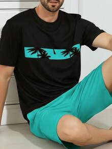 Men's Casual Coconut Tree Print Short Sleeve & Shorts Pajama Set, Lightweight Summer Sleepwear - Multicolor - View 4