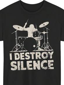 Camiseta Gráfica Ligera y Cómoda 'I Destroy Silence' para Bateristas - Camiseta Casual de Manga Corta con Cuello Redondo para Verano - Negro - Ver 7