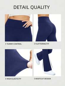 Pantalones de yoga de cintura alta con pierna acampanada y ajuste delgado, pantalones acampanados de compresión de unicolor y elásticos para mujer, ropa deportiva casual de primavera - Azul Marino - Ver 6
