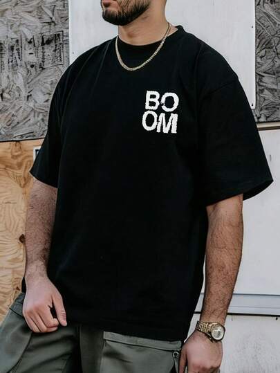 Fractyr Camiseta de manga corta con cuello redondo y estampado de la letra "BOOM" en estilo casual y desgastado para hombre, verano