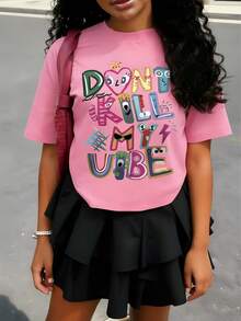 Tween Girl Cotten Clothes,Y2K-Inspired Letter Print T-Shirt - Casual Crew Neck, Short Sleeve, Machine Washable - Perfect For Spring/Summer/Fall,Fashion, Streetwear, Unisex, Men, Women - 玫紅色 - 查看 1