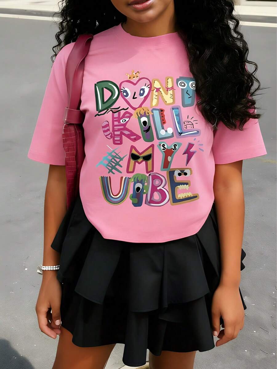 Tween Girl Cotten Clothes,Y2K-Inspired Letter Print T-Shirt - Casual Crew Neck, Short Sleeve, Machine Washable - Perfect For Spring/Summer/Fall,Fashion, Streetwear, Unisex, Men, Women - 玫紅色 - 查看 1