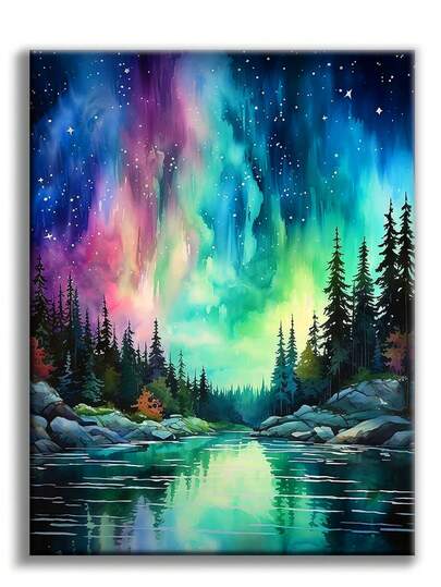 成人极光钻石画套装，5D星空湖泊全圆钻石画套装，适合初学者，梦幻风景家居装饰