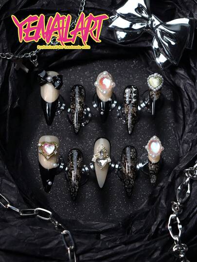 10pcs Black Pointed False Nails, Classic French Manicure, Natural Base Color, Lace Print, 3D Rhinestone Heart Decor, Moonstone, Bow Tie, Shiny Pendant, Handmade Medium Length Full Cover Fake Nails Set, European Style Nail Art Supplies Suitable For Daily, Work, Party, Wedding, Gathering, Comes With 1 Mini Nail File And 1 Double-Sided Adhesive Sticker, Also A Great Gift