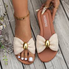1双甜美时尚圆头女士手工编织蝴蝶结平底凉鞋，适合夏季、春季穿着，欧美风格，适合海滩、居家、派对等场合。 - 米色 - 查看 9