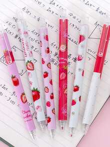 Random Cute Sweet Strawberry Click Gel Pen Black Student Prize Gift 4pcs Back To School - One Size - View 4
