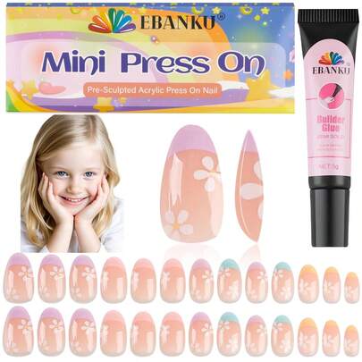26 piezas Uñas postizas para niños, 1 paquete de uñas falsas de niña con flores rosas, adecuadas para niñas pequeñas
